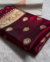 Kaushalya - Maroon Banarasi Satin Saree with Golden Zari Floral Weaving