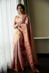 Baby Pink Designer Real Zari Soft Lichi Silk Saree