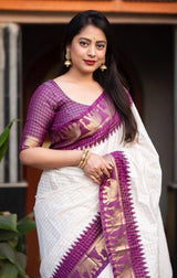 Fascinating Off White And Purple Silk Saree