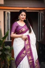 Fascinating Off White And Purple Silk Saree