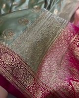 Charulata - Green Katan Silk Saree with Zari Boota and Pink Border