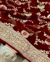 Kusum – Maroon Banarasi Silk Saree with Multi-Coloured Zari Floral Weaving
