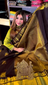 Artistic Brown Soft Banarasi Silk Saree With Snappy Blouse Piece