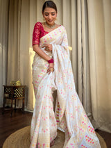 White Banarasi Soft Silk Saree