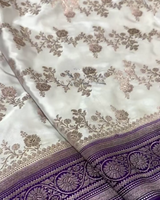 Shantika – White Banarasi Katan Satin Silk Saree with Purple Zari Weaving