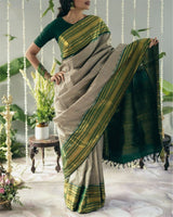 Traditional Green Checks Silk Saree with Temple Border