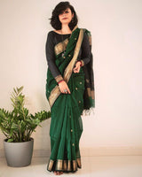 Deep Green Cotton Silk Saree with Gold Zari Border