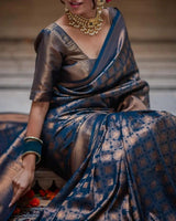 Banarasi Crimson Navy Blue Silk Saree with Gold Zari Weave