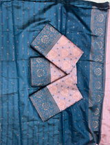 Blush Pink Soft Silk Saree with Teal Blue Contrast Border