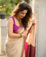 Ivory Cream Saree with Rich Purple Zari Border