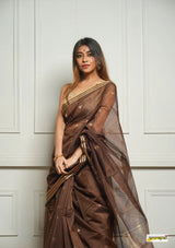 Brown Handwoven Cotton Silk Saree with Zari Border