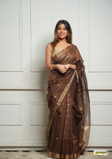 Brown Handwoven Cotton Silk Saree with Zari Border