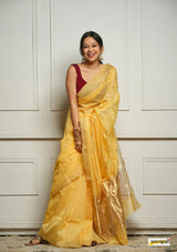 Lemon Yellow Handwoven Cotton Silk Saree with Zari Border