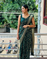 Deep Bottle Green Silk Saree with Zari Floral Vine & Tassel Pallu