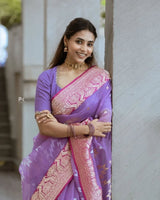 Lavender Sheer Saree with Pink Zari Border & Ikat Motifs