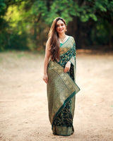 Vasundhara - Green Silk Saree with Gold Zari Floral Work and Ornate Border
