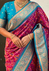 Turquoise Maroon Banarasi Silk Saree – Festive Radiance in Every Drape