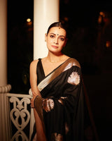 Mithila - Black Silk Saree with Golden Zari Butta and Broad Border
