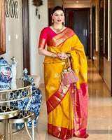 Raveena - Yellow Soft Banarasi Silk Saree with Jacquard Work and Rich Pink Blouse