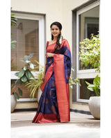 Kavya - NavyBlue Soft Banarasi Silk Saree with Copper Jacquard Buttas