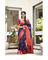 Kavya - NavyBlue Soft Banarasi Silk Saree with Copper Jacquard Buttas