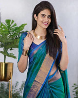 Manya - Rama Soft Silk Saree with Jacquard Weaving and Matching Blouse
