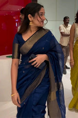 Bhavna - NavyBlue Pure Linen Silk Saree with Jacquard Weaving
