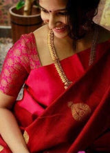 Saanchi - Red Soft Silk Saree with Golden Butta Work and Self-Woven Border