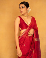 Mithali – Red Pure Linen Silk Saree with jacquard weaving work