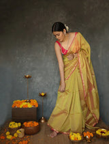 Mithali – Mustard Pure Linen Silk Saree with jacquard weaving work
