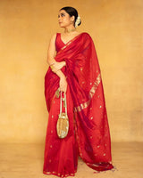 Mithali – Red Pure Linen Silk Saree with jacquard weaving work