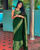 Nayira - Green Soft Silk Saree with Silver Zari Border and Matching Blouse