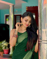 Nayira - Green Soft Silk Saree with Silver Zari Border and Matching Blouse