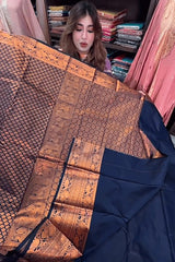 Aastha - Navy Bue Soft Silk Saree with Jacquard Woven Motifs