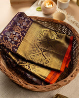 Kaushiki – Wine Banarasi Silk Saree with Intricate Jacquard Floral Weave