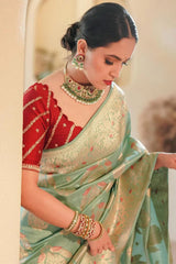 Saanvika – Sea Green Soft Silk Saree with Jacquard Weaving & Rich Red Blouse