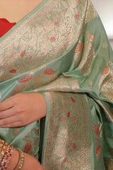 Saanvika – Sea Green Soft Silk Saree with Jacquard Weaving & Rich Red Blouse