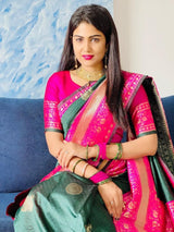 Nandita - Green Banarasi Silk Saree with Firozi Jacquard Blouse