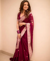 Samaira - Wine Soft Silk Saree with Subtle Jacquard and Matching Blouse