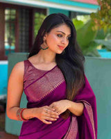 Nayira - Purple Soft Silk Saree with Silver Zari Border and Matching Blouse