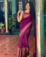 Nayira - Purple Soft Silk Saree with Silver Zari Border and Matching Blouse