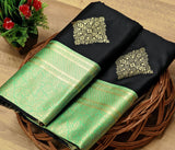 Shravya - Black Soft Silk Saree with Mint Green Zari Border and Gold Motifs