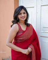 Nayira - Red Soft Silk Saree with Silver Zari Border and Matching Blouse