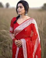 Samaira - Red Soft Silk Saree with Subtle Jacquard and Matching Blouse