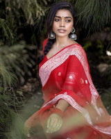 Samaira - Red Soft Silk Saree with Subtle Jacquard and Matching Blouse