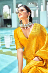 Dandelion Yellow Lichi Silk Zar Saree Weaving