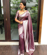 Maroon And Silver Raw Silk Traditional Weaving Work Saree