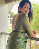 Mitera Green Woven Designer Party Wear Soft Silk Lichi Silk Saree .