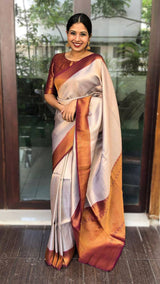 Cream And Red Trending Lichi Silk Saree For Wedding