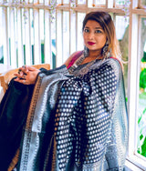 Black With Silver Lichi Silk Saree